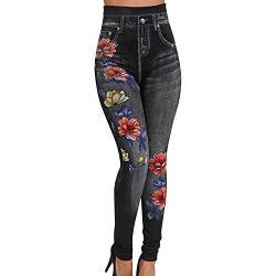 semen Skinny Slim Jeans Damen Lang Denim Hosen Jeanshose mit Blumenmuster High Waist Einreihiger Knopfleiste Straight Leg mit Taschen von semen