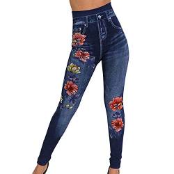 semen Skinny Slim Jeans Damen Lang Denim Hosen Jeanshose mit Blumenmuster High Waist Einreihiger Knopfleiste Straight Leg mit Taschen von semen
