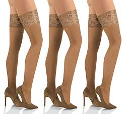 sesto senso 3 paar Halterlose Strümpfe 50 DEN Spitze Mikrofaser Blickdicht Damen Hautfarbe XL/XXL Beige von sesto senso