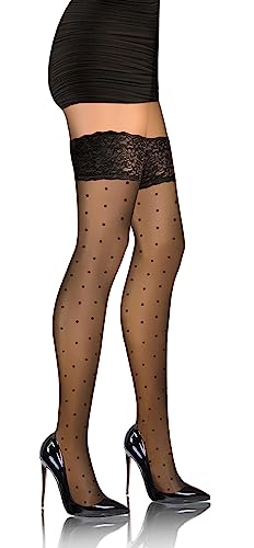 sesto senso Damen Halterlose Strümpfe mit Muster Punktmuster 20 DEN Spitzenstrümpfe Schwarz XL/XXL Dots von sesto senso