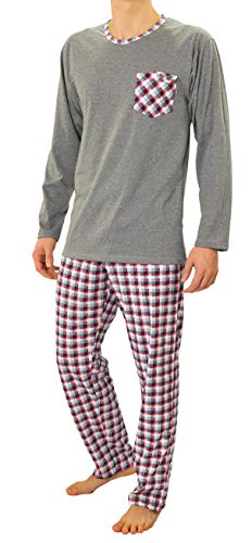 sesto senso Herren Schlafanzug 4XL Lang Pyjama 100% Baumwolle Langarm Shirt mit Tasche Pyjamahose Zweiteilig Set Nachtwäsche Grau Rot Kariert 4XL 04 Bordo von sesto senso