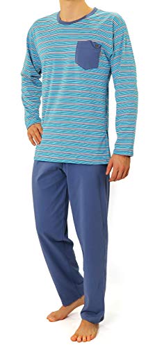 sesto senso Herren Schlafanzug Gestreift Lang Pyjama 100% Baumwolle Langarm Shirt mit Tasche Pyjamahose Nachtwäsche Gestreift Blau L 02 K67ZC von sesto senso