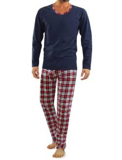 sesto senso Herren Schlafanzug Lang Pyjama 100% Baumwolle Langarm Shirt mit Tasche Pyjamahose Zweiteilig Set Nachtwäsche Dunkelblau Navy blau Kariert M Granat WALDI von sesto senso