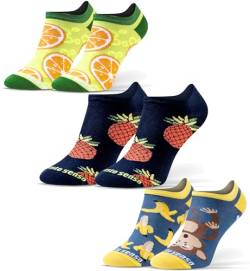 sesto senso Lustige Sneaker Socken Baumwolle Bunte Füßlinge Damen Herren 3 Paar Funny Socks Banane Ananas Zitrone orange obst 35-38 3 Früchte von sesto senso