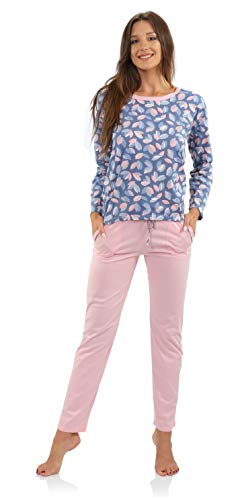 sesto senso Pyjama Damen Langarm Baumwolle Schlafanzug Set Lang Pyjamahose mit Taschen Rosa Blau XL Agnie L Roz von sesto senso