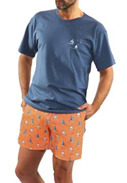 sesto senso Sommerpyjamas Herren Kurz Schlafanzug Baumwolle Pyjama Kurzarm Kurze Hose Zweiteilig Set Segelboot Orange Denim L 2556/08 DRUK von sesto senso