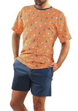 sesto senso Sommerpyjamas Herren Kurz Schlafanzug Baumwolle Pyjama Kurzarm Kurze Hose Zweiteilig Set Segelboot Orange Denim XL 2556/08 von sesto senso