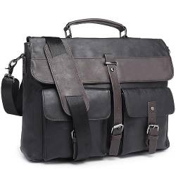 Leder-Kuriertasche für Herren, 39,6 cm (15,6 Zoll), Vintage-Stil, Laptoptasche, wasserabweisend, für Geschäftsreisen, Aktentasche, Arbeitstasche, Computertasche, Schwarz von seyfocnia