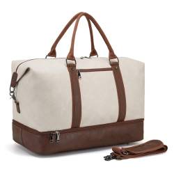 Reisetasche für die Nacht, Segeltuch, Leder, übergroße Wochenendtasche, große Handgepäcktasche, Reisetasche für Damen und Herren, Farbe: Beige, Reisetasche von seyfocnia