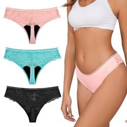 shaperisfree Spitze Tanga Perioden Unterwäsche für Frauen Auslaufsicher Perioden Tangas Absorbent Panty Menstruation Tanga Bikini Bottom, Blau/Pink/Schwarz, 3 Stück, L von shaperisfree