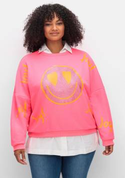 Große Größen: Sweatshirt mit Smiley-Frontdruck und Glitzersteinen, pink, Gr.40 von sheego loves miss goodlife