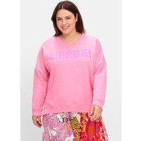 Große Größen: Sweatshirt mit Wordingprint und V-Ausschnitt, rosa bedruckt, Gr.40-56 von sheego loves miss goodlife