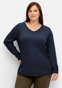 Große Größen: Flauschiger Pullover mit V-Ausschnitt, nachtblau, Gr.40/42 von sheego