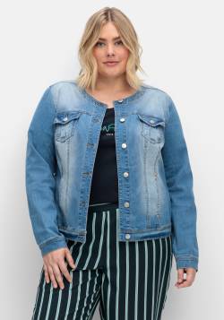 Große Größen: Jeansjacke in kragenloser Form, mit Waschung, blue Denim, Gr.50 von sheego