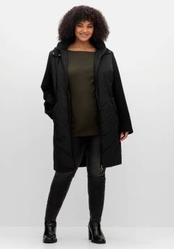 Große Größen: Lange Steppjacke mit Kapuze, im Materialmix, schwarz, Gr.48 von sheego