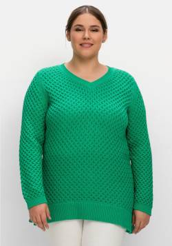 Große Größen: Pullover in Wabenstruktur, mit V-Ausschnitt, blattgrün, Gr.40/42 von sheego