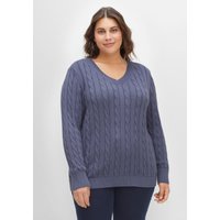 Große Größen: Pullover mit Zopfmuster und V-Ausschnitt, indigo, Gr.40/42-56/58 von sheego