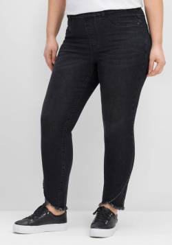 Große Größen: Schmale Jeans mit Gummibund und Fransensaum, black Denim, Gr.42 von sheego