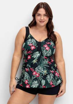 Große Größen: Tankini-Top mit Tropical Print und Raffung, schwarz gemustert, Gr.46B von sheego