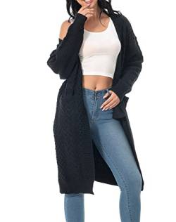 shineflow Damen Lang Grobstrick Strickjacke,Vorne Offen,Casual Zopfmuster Strickjacke Solid Lang Cardigan(Schwarz,M) von shineflow