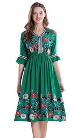 shineflow Kurzärmliges Mexikanisch Besticktes Blumen-Plissee-Midi-A-Linien-Cocktailkleid für Damen(Grün, M) von shineflow