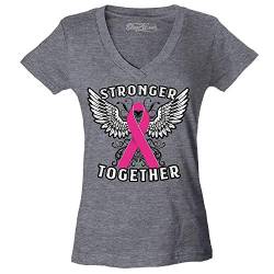 shop4ever Damen T-Shirt Stronger Together Breast Cancer Ribbon Awareness V-Ausschnitt Slim Fit - Grau - Mittel von shop4ever