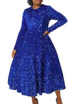 shownicer Abendkleid Elegant Damen Große Größen Glitzer Abendkleid Langarm Rundhals Paillettenkleid Hohe Taille Festlich Party Kleider A Blau 3XL von shownicer