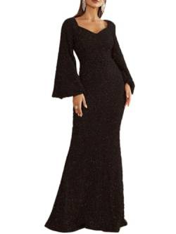 shownicer Abendkleid Langer Damen Elegant Glänzend Pailletten Kleider Langarm V-Ausschnitt Maxi Kleid Schlitz Ballkleid Festlich Hochzeitsgäste A Schwarz M von shownicer