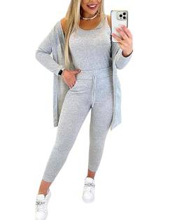 shownicer Anzug Damen Elegant 3 Teiler Ärmellos Tank Top Und Jogginghose Und Cardigan Set Dreiteilig Casual Sport Outfit Hosenanzug Slim Fit Loungewear Streetwear Anzüge Kombi A Grau S von shownicer