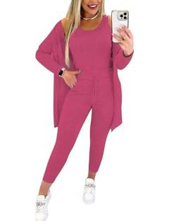 shownicer Anzug Damen Elegant 3 Teiler Ärmellos Tank Top Und Jogginghose Und Cardigan Set Dreiteilig Casual Sport Outfit Hosenanzug Slim Fit Loungewear Streetwear Anzüge Kombi A Rosa XS von shownicer