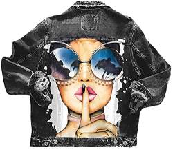 shownicer Blau Taschen Einreiher Zerrissene Graffiti Langarm Boyfriend Oversize Jeansjacke Damen Mode Denim Jacket B Schwarz XS von shownicer