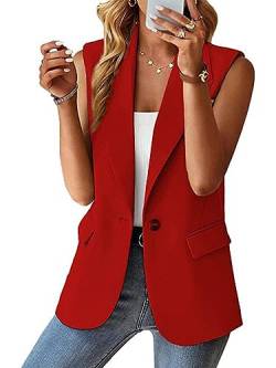 shownicer Blazer Damen Ärmellos Weste Mantel Elegant Slim Fit Geschäft Büro Anzugjacke Jacke Revers Offene Vorderseite Freizeit Business Jacke mit Tasche A Rot XXL von shownicer