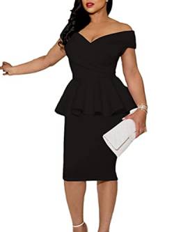 shownicer Bleistiftkleid Damen Schulterfrei Ärmellos Kleid Rüsche Luftiges Hohe Taille Hüftkleid Elegant Business Bodycon Kleid V-Ausschnitt Knielang Etuikleid A Schwarz XL von shownicer