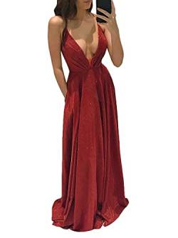 shownicer Cocktailkleider Damen Abendkleid Frauen Festliches Kleid Elegant Lang Abend Party Ballkleid Brautjungfer V-Ausschnitt Maxikleid A Rot XL von shownicer