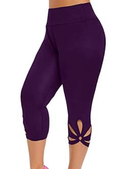 shownicer Damen 3/4 Leggings Große Größe Capri Hose High Waist Yoga Leggins Yoga Hose Sportkleidung Kurz Training Tights Frauen Stretch Laufhose Freizeithose Leicht C Violett M von shownicer