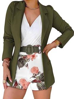 shownicer Damen Anzug 3 Teiler Elegant Blazer Und Shorts Und Gürtel Set Bussiness Outfit Sexy Kurz Bekleidung Slim Fit Kurze Hosen Streetwear Blazer Anzüge A Grün S von shownicer