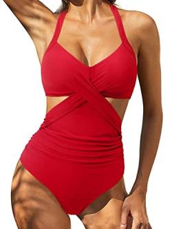 shownicer Damen Badeanzug Einteiliger Bauchweg Swimsuit Tiefen V Ausschnitt Rückenfrei Monokini Cut Out Slim Push up Monokini Gedruckt Bademode Swimsuit A Rot L von shownicer