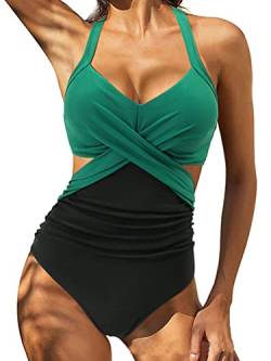 shownicer Damen Badeanzug Einteiliger Bauchweg Swimsuit Tiefen V Ausschnitt Rückenfrei Monokini Cut Out Slim Push up Monokini Gedruckt Bademode Swimsuit B Schwarz01 L von shownicer