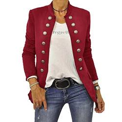 shownicer Damen Blazer Elegant Anzugjacke Mantel mit Knopfleiste Military Blazer Lang Slim Fit Freizeit Stehkragen Business Büro Anzug Jacken A Weinrot XXL von shownicer