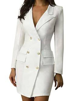 shownicer Damen Blazer Kleid Frauen Elegant Langarm V-Ausschnitt Hemdkleid Business Lange Knopf Anzug Bodycon Midikleid Büro Zweireihig Mode Jacke Mantel X1 Weiß M von shownicer