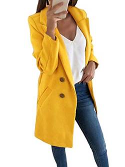 shownicer Damen Blazer Winter Mantel Elegant Warm Wintermantel Steppmantel Knopf Klassische Vintage Zweireihig Revers Schlack Slim Fit Trenchcoat mit Taschen Gelb L von shownicer