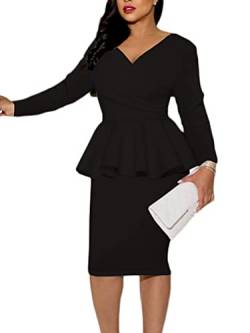 shownicer Damen Bodycon Bleistiftkleid Elegant Lange Ärmel Business Kleider Retro Einfarbig Knielang Bodycon Hohe Taille Kleid Wickelkleid Cocktailkleid A Schwarz L von shownicer