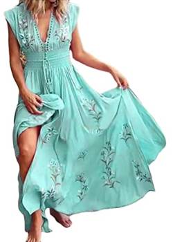 shownicer Damen Boho Sommerkleider V-Ausschnitt A-Linie Kleid Blumen Kurzarm High Waist Maxi Kleider Tunikakleid Strandkleid A Blau M von shownicer