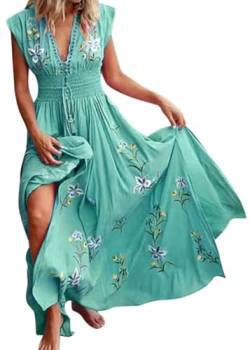 shownicer Damen Boho Sommerkleider V-Ausschnitt A-Linie Kleid Blumen Kurzarm High Waist Maxi Kleider Tunikakleid Strandkleid A Grün L von shownicer