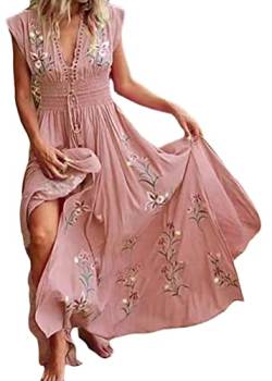 shownicer Damen Boho Sommerkleider V-Ausschnitt A-Linie Kleid Blumen Kurzarm High Waist Maxi Kleider Tunikakleid Strandkleid A Rosa L von shownicer