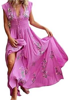 shownicer Damen Boho Sommerkleider V-Ausschnitt A-Linie Kleid Blumen Kurzarm High Waist Maxi Kleider Tunikakleid Strandkleid A Rot L von shownicer