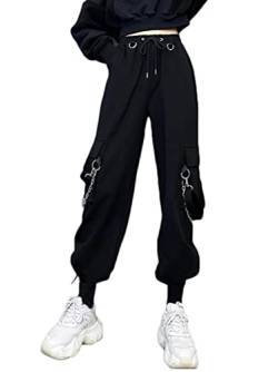 shownicer Damen Cargo Hosen mit Kette Gothic Hosen Hohe Taille Cargo Hose Mehrfachtasche Punk Hosen Frauen Baggy Hip Hop Jogger Street Hose Streetwear A Schwarz M von shownicer