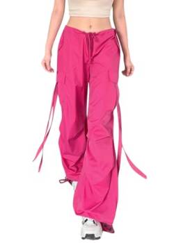 shownicer Damen Cargohose Baggy Weites Bein Hose Y2K Track Pants Vintage Hohe Taille Elastische Freizeithose mit Taschen Teenager Hippie Jogginghose Sweathose Harajuku Streetwear C Rosa XS von shownicer