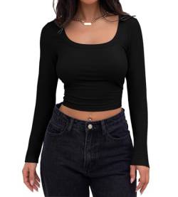 shownicer Damen Crop T-Shirt Einfarbige Basic Bauchfrei Oberteile Quadratischem Kragen Langarmshirt Cropped Tops Pullover Langarm Shirts B Schwarz S von shownicer