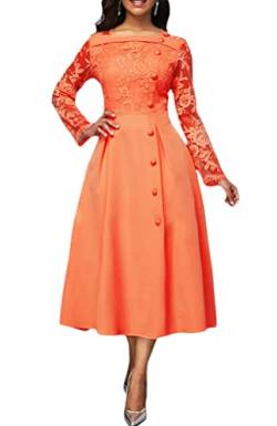 shownicer Damen Elegant Langarm Spitze Kleider A Linie Hoher Taille Einfarbiges Swing Kleid Cocktailkleid Abendkleider A Orange XL von shownicer